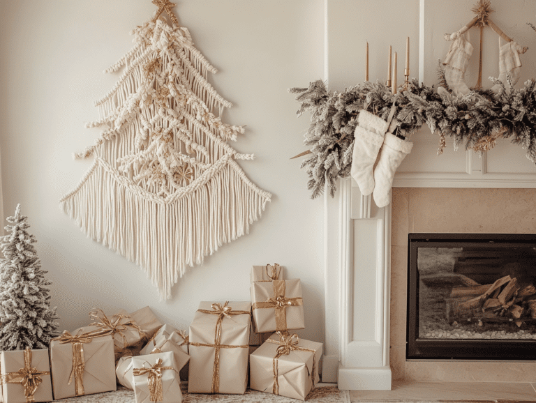 Stylish macramé Christmas tree wall hanging in neutral colors with gold accents, adorned in beige and white tones, positioned next to an elegant fireplace with wrapped gifts underneath, creating a cozy holiday atmosphere.