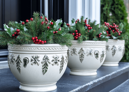 Three elegant white ceramic planters adorned with winter greenery and red berries on the front porch of a stylish home, showcasing intricate designs along their classic round shapes, creating a festive holiday atmosphere with a black door in the background.