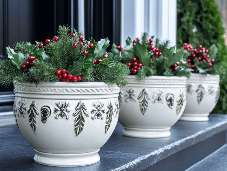 Three elegant white ceramic planters adorned with winter greenery and red berries on the front porch of a stylish home, showcasing intricate designs along their classic round shapes, creating a festive holiday atmosphere with a black door in the background.