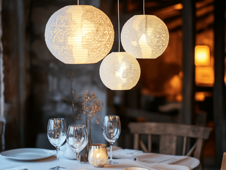 White paper lanterns with intricate patterns hanging from the ceiling of a rustic dining room, creating an elegant ambiance with soft glow illuminating the table settings below.