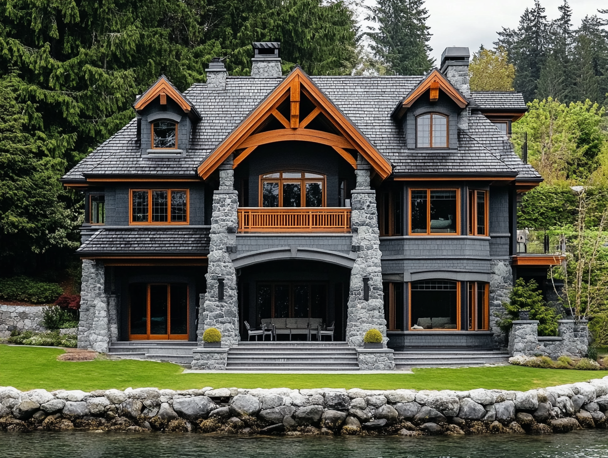 Beautiful lakehouse featuring stone and wood details, black shingle roof, gray walls, and wooden trim on windows, with a balcony overlooking the water, captured from the front view.