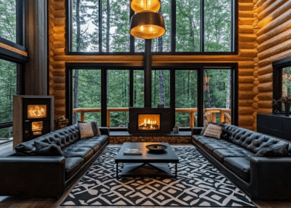 Black leather sofa in a spacious modern cabin living room featuring log walls, wood floors, a fireplace, high ceiling windows, a geometric patterned rug, and warm lighting, creating a cozy atmosphere with natural elements and a comfortable seating arrangement.