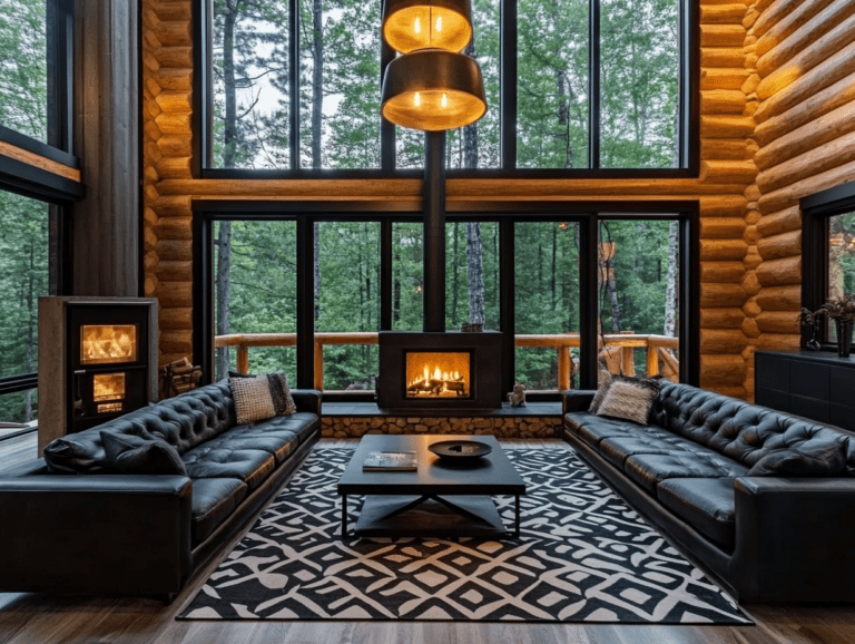 Black leather sofa in a spacious modern cabin living room featuring log walls, wood floors, a fireplace, high ceiling windows, a geometric patterned rug, and warm lighting, creating a cozy atmosphere with natural elements and a comfortable seating arrangement.