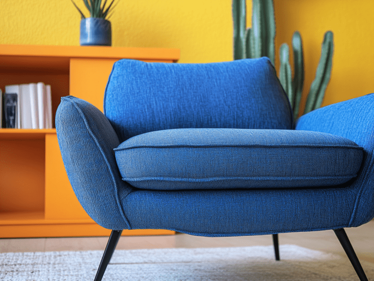 Blue fabric sofa chair with black legs in front of an orange bookcase, next to cacti on a white carpet, against yellow walls, featuring high resolution, bright colors, and soft lighting for a comfortable seating environment.