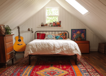 Bohemian-style attic bedroom with white walls, wood floors, vibrant red rug, twin-sized metal frame bed with colorful pillows, vintage decor, wooden furniture, small window above the bed, guitar leaning against the wall, and warm natural light from a skylight.