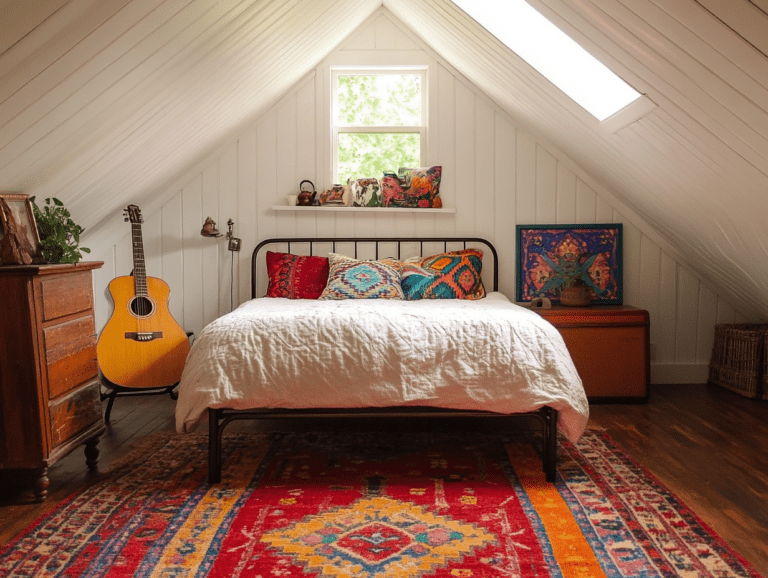 Bohemian-style attic bedroom with white walls, wood floors, vibrant red rug, twin-sized metal frame bed with colorful pillows, vintage decor, wooden furniture, small window above the bed, guitar leaning against the wall, and warm natural light from a skylight.