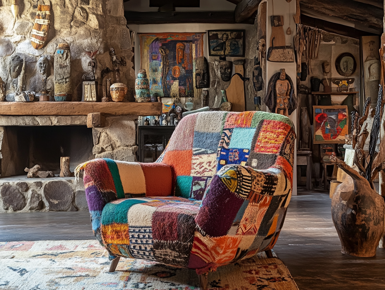 Armchair adorned with a vibrant patchwork wool felt blanket in a boho interior featuring African tribal elements, decorative wall tapestries, woven wool art, a stone fireplace, and wooden ceiling beams, complemented by vintage glass vases filled with carvings, oil paintings, and books.