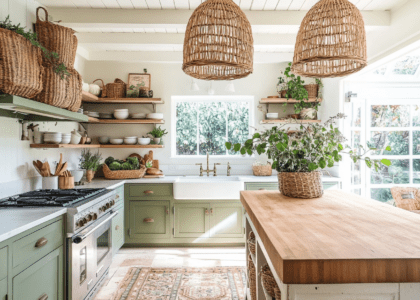 "Beautiful boho kitchen featuring sage green cabinets, white walls and ceiling, open shelves with wicker baskets and potted plants, rattan pendant light shades, a rug on the floor, a ceramic sink and stovetop, and a wooden island table in front of an oversized window with natural lighting."