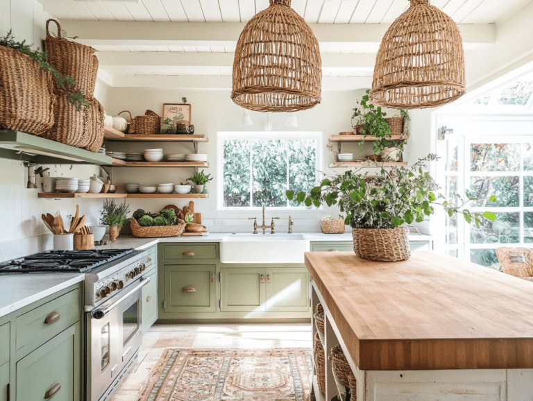 "Beautiful boho kitchen featuring sage green cabinets, white walls and ceiling, open shelves with wicker baskets and potted plants, rattan pendant light shades, a rug on the floor, a ceramic sink and stovetop, and a wooden island table in front of an oversized window with natural lighting."