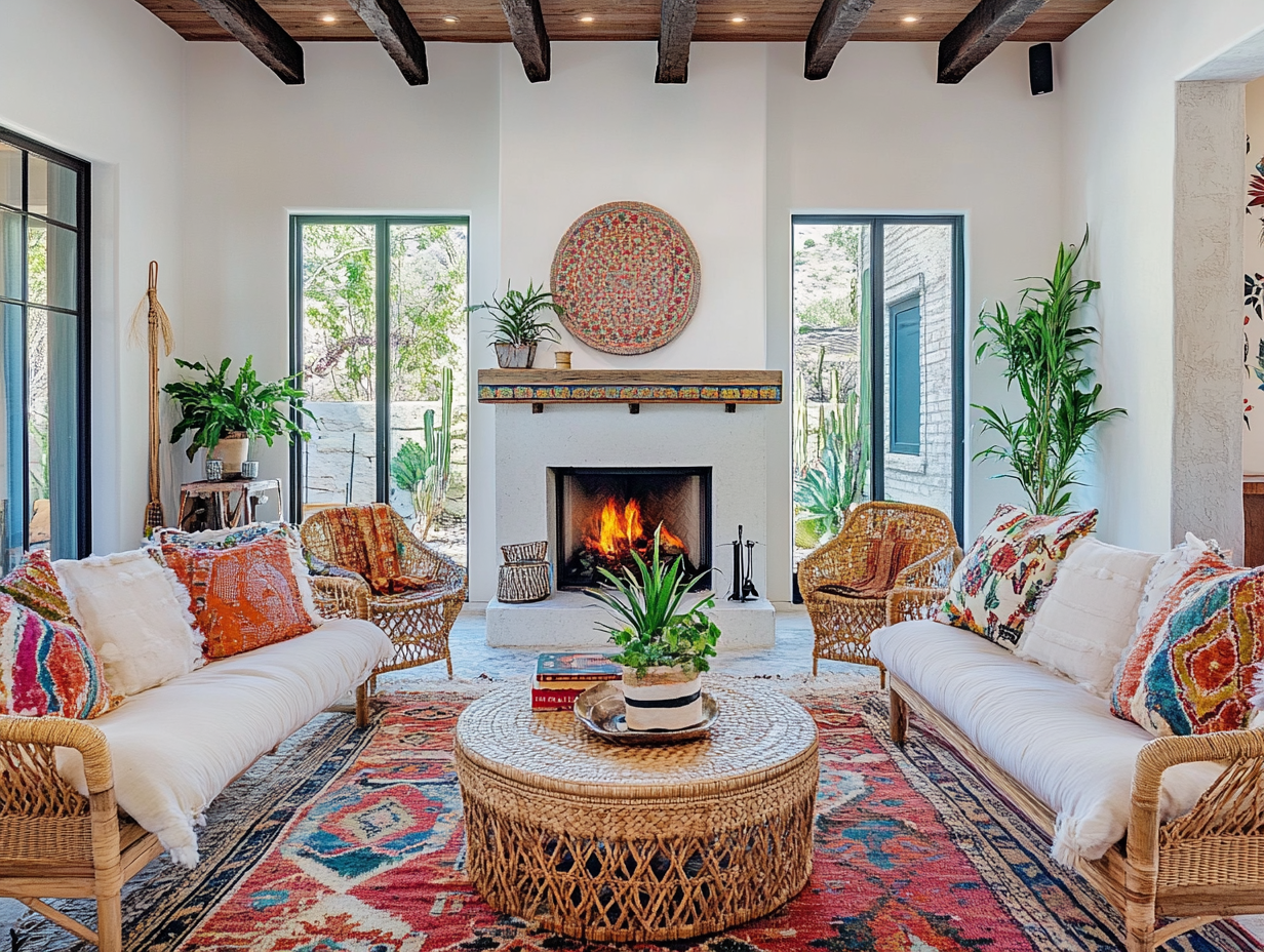 Boho-style living room with white-painted wood slats ceiling, warm lighting, large fireplace, natural colors, textured decor, plants, and colorful patterns around the window, featuring wooden wicker double armchairs and a round coffee table with woven rattan cushions in an industrial-style house.