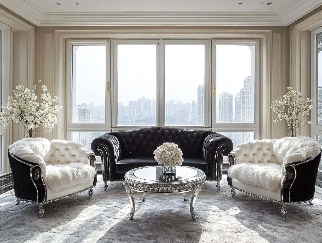 "Elegant living room designed by Chen Man featuring a European black velvet sofa with silver-studded legs, diamond-embellished leather sofas with white fluffy cushions, a light gray patterned carpet, and large French windows, all creating a luxurious, modern, and cozy atmosphere filled with sunlight."