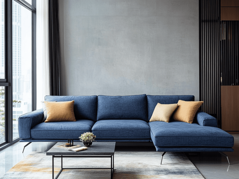 Fashionable living room by photographer Chen Man featuring a deep blue fabric sofa with metal legs, dark gray and beige color scheme, retro industrial-style background wall, and natural light streaming through large windows, creating an elegant atmosphere with luxurious design elements.