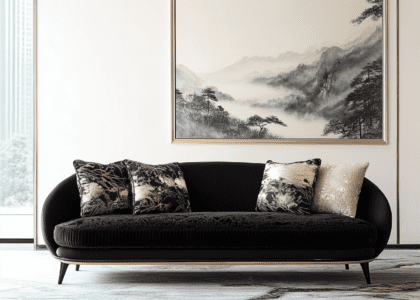 Elegant living room with a black three-seater sofa featuring exquisite patterned cushions, rich sunlight streaming through the window, and a luxurious modern design, showcasing Chen Man's fashionable photography style.