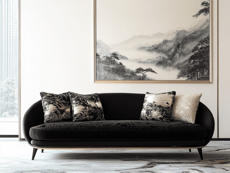 Elegant living room with a black three-seater sofa featuring exquisite patterned cushions, rich sunlight streaming through the window, and a luxurious modern design, showcasing Chen Man's fashionable photography style.