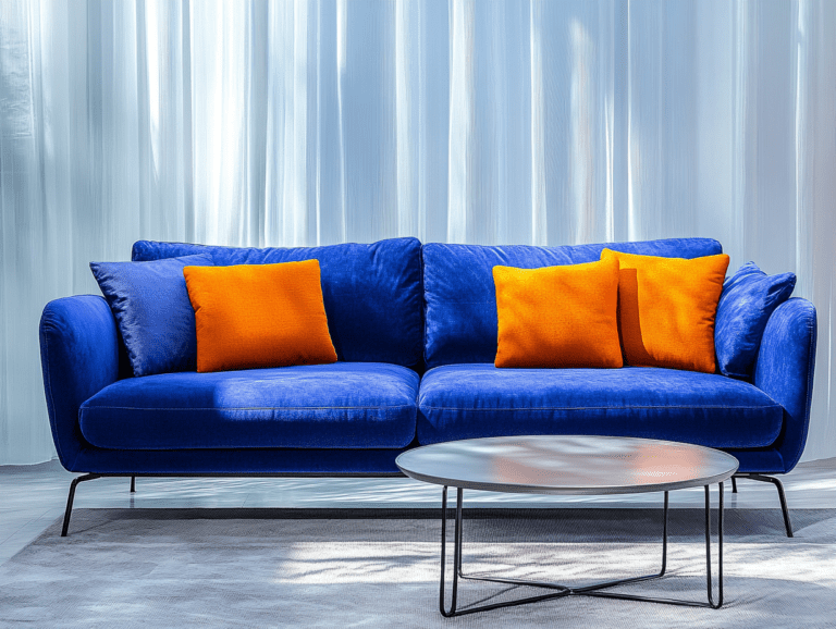 "Elegant living room featuring a European-style blue fabric sofa, silver metal coffee table, and orange pillow, showcasing luxurious design with soft lighting and cinematic textures."