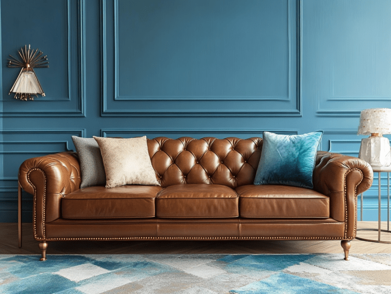 "Fashionable photography of a luxurious living room featuring a brown leather three-seater sofa with brass legs, diamond-shaped armrests, and decorative buttons, showcasing ultra-detailed realism and modern design elements in warm tones."