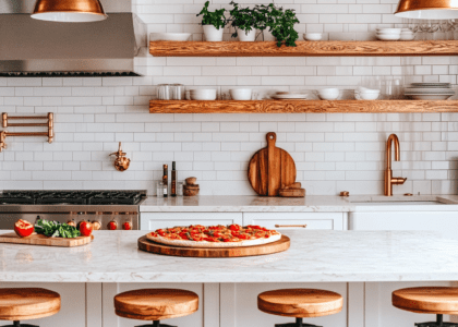 Alt text: "Stylish farmhouse kitchen featuring white cabinets, light-colored marble countertop, floating wood shelves, golden hardware, brass fixtures, and minimalist decor, complemented by wooden barstools and soft lighting."