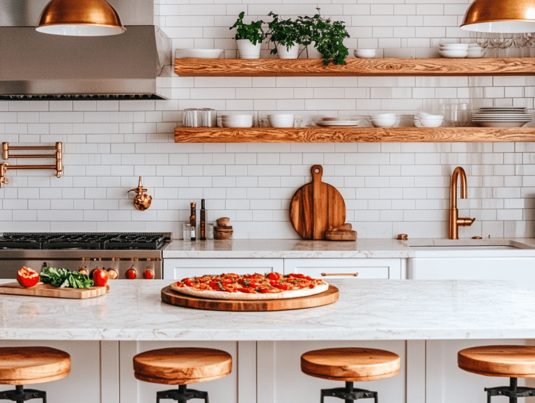 Alt text: "Stylish farmhouse kitchen featuring white cabinets, light-colored marble countertop, floating wood shelves, golden hardware, brass fixtures, and minimalist decor, complemented by wooden barstools and soft lighting."