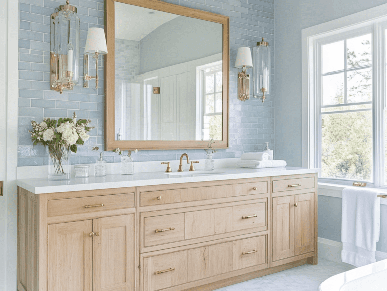 Coastal-style bathroom with a weathered oak vanity, white countertop, vintage brass hardware, soft blue ceramic tile walls and floor, large mirror, and elegant glass sconces, creating a serene atmosphere for morning routines.