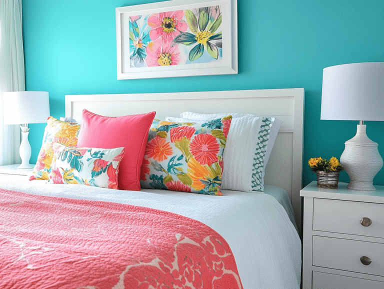 Bright and colorful bedroom featuring turquoise walls, a white headboard, white nightstand, pink pillows on the bed, vibrant wall art, and colorful floral throw blankets, creating a cheerful atmosphere.