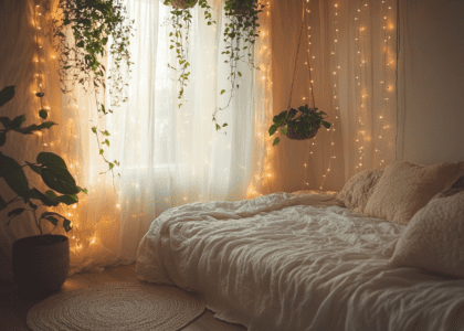 Cozy bedroom with fairy lights, hanging plants, soft white sheets, sheer shimmering curtains, and a small round rug, creating an enchanting and romantic atmosphere perfect for relaxation.