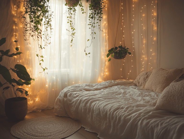 Cozy bedroom with fairy lights, hanging plants, soft white sheets, sheer shimmering curtains, and a small round rug, creating an enchanting and romantic atmosphere perfect for relaxation.