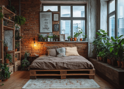 Cozy small bedroom featuring wooden floors, old wood walls, and a red brick accent wall, with an industrial-style dark brown painted pine wood bed frame, adorned with plants for a warm atmosphere, a wooden bench at the end, warm lighting from an open-plan lamp on bookshelves, boho rug under white linen bedding, and a window view of city buildings with hanging poster pictures above the lamp.