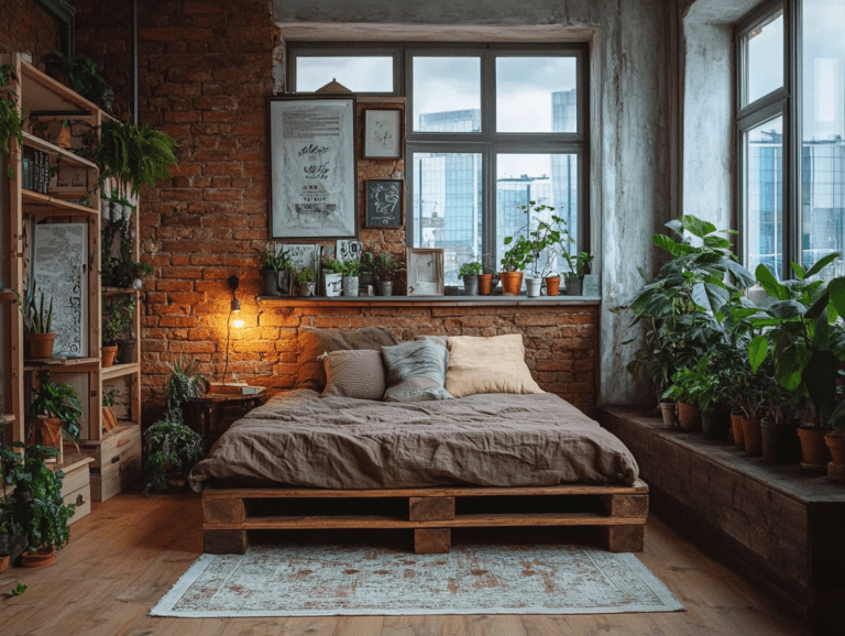 Cozy small bedroom featuring wooden floors, old wood walls, and a red brick accent wall, with an industrial-style dark brown painted pine wood bed frame, adorned with plants for a warm atmosphere, a wooden bench at the end, warm lighting from an open-plan lamp on bookshelves, boho rug under white linen bedding, and a window view of city buildings with hanging poster pictures above the lamp.