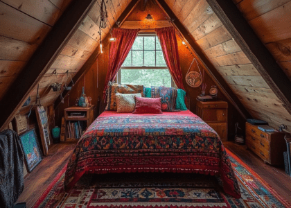 Cozy boho attic bedroom featuring a slanted roof, colorful bedspread, accent rug, wooden walls, natural lighting, soft textures, and vibrant decor for a warm and inviting atmosphere.