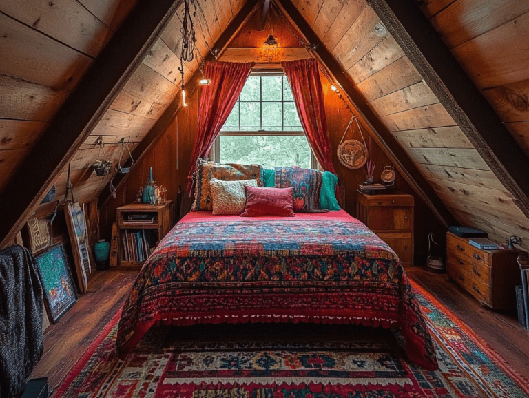 Cozy boho attic bedroom featuring a slanted roof, colorful bedspread, accent rug, wooden walls, natural lighting, soft textures, and vibrant decor for a warm and inviting atmosphere.