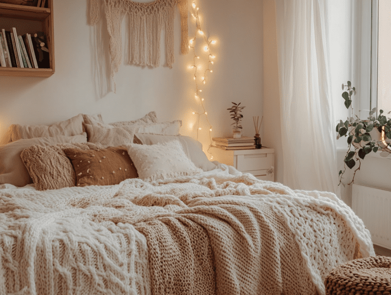 Cozy boho bedroom with fairy lights, featuring a centered bed adorned with blankets and pillows, knitted curtains above the headboard, sunlight streaming through a right-side window, a small bookshelf behind the headboard, a nightstand at the foot of the bed with a stack of books, a plant beside the bed, and a jute garland over the door frame, all enhanced by warm lighting and bohemian-style decor.