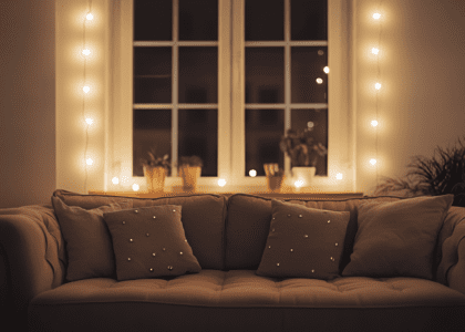 Cozy living room with a brown sofa adorned with beige cushions and silver buttons, string lights, and white walls, featuring two large windows showcasing the night outside in a minimalist style.