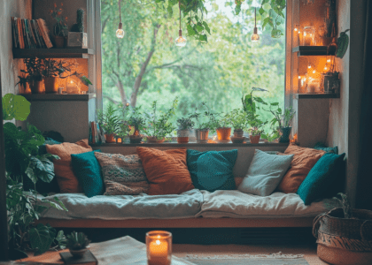 Cozy living room with oversized window seat adorned with teal, rust orange, brown, grey, and beige cushions and throw blankets; shelves filled with potted plants and string lights on the walls; wooden coffee table with candles and books; lush green garden view outside.