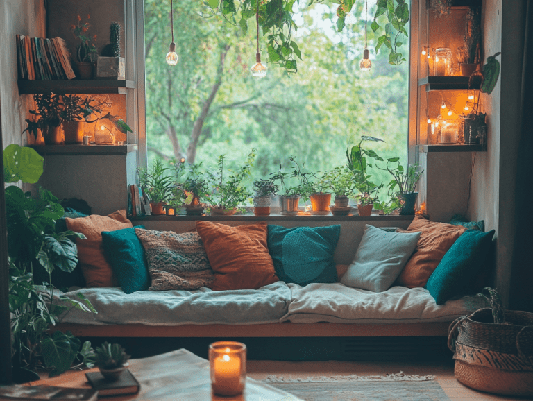 Cozy living room with oversized window seat adorned with teal, rust orange, brown, grey, and beige cushions and throw blankets; shelves filled with potted plants and string lights on the walls; wooden coffee table with candles and books; lush green garden view outside.