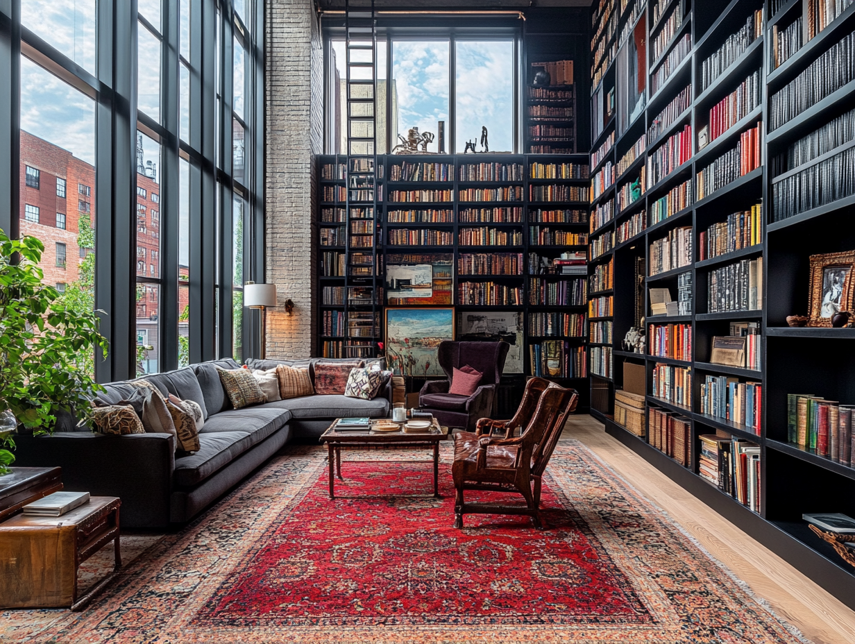 Award-winning photography of a cozy, luxurious living room in an industrial building with floor-to-ceiling black and colorful bookshelves, large windows allowing natural light, and a red Persian rug on the floor, captured in a wide-angle shot.