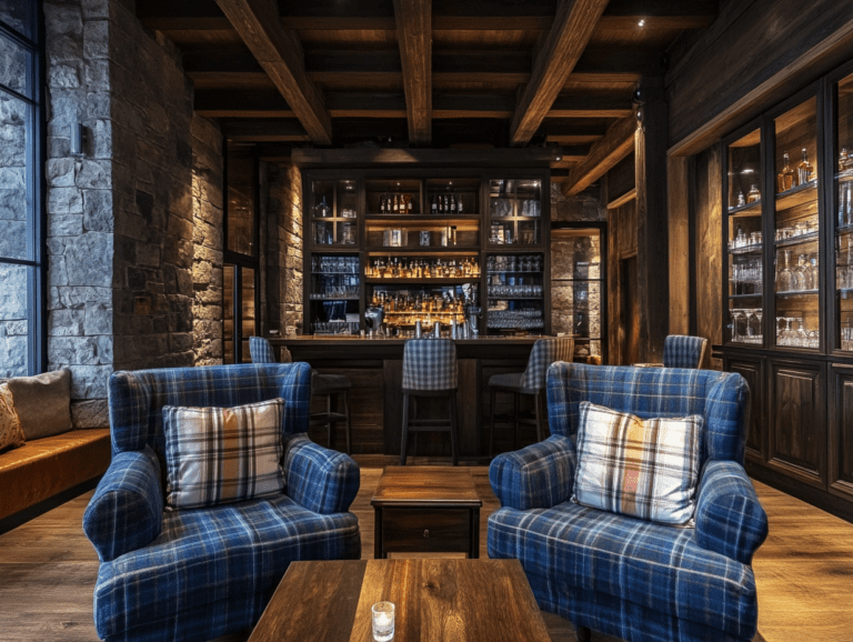 Cozy modern rustic living room featuring dark wood and blue armchairs, plaid pillows, stone walls, wooden ceiling beams, a bar, and glass-fronted cabinets beside an oak table, designed with ski resort architecture aesthetics.