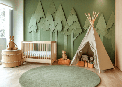 Cozy nursery with a green tree wall featuring paper cutout trees, an olive-colored teepee in the corner, a white crib on light brown wooden flooring, a round dark gray carpet resembling grass, a large beige drum, and animal stuffed toys in a wooden box, creating a warm and inviting atmosphere.