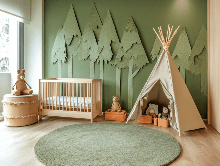 Cozy nursery with a green tree wall featuring paper cutout trees, an olive-colored teepee in the corner, a white crib on light brown wooden flooring, a round dark gray carpet resembling grass, a large beige drum, and animal stuffed toys in a wooden box, creating a warm and inviting atmosphere.