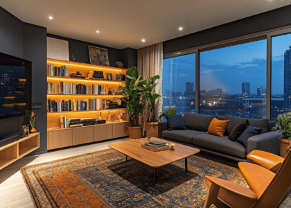 Cozy Scandinavian living room with dark grey walls, accented in orange, brown, and blue, featuring warm lighting, a plush rug, a modern sofa, a wooden coffee table, and bookshelves, offering a nighttime city view through the window, beautifully captured in professional photography.