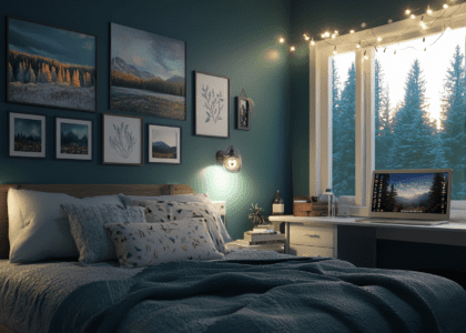 Cozy teenage girl's bedroom with dark teal walls, framed photos, string lights, photo-realistic landscape paintings, a soft-lit study area, and a cabin-inspired aesthetic inviting relaxation after school.