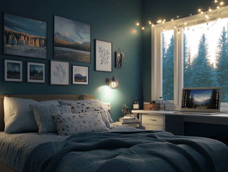 Cozy teenage girl's bedroom with dark teal walls, framed photos, string lights, photo-realistic landscape paintings, a soft-lit study area, and a cabin-inspired aesthetic inviting relaxation after school.