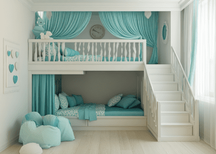 Cozy white and turquoise girl's bedroom featuring a full-size loft bed with whimsical decorations, drapes, and colorful pillows on top, showcasing a playful and inviting atmosphere.