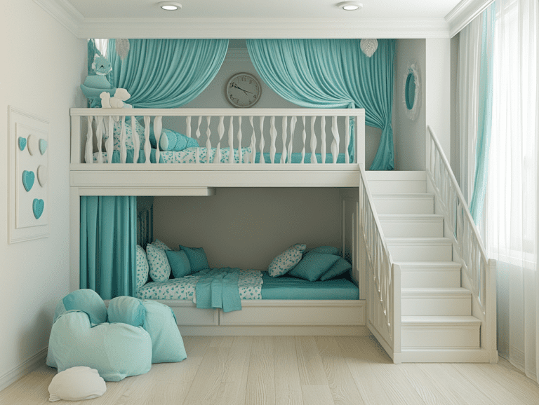 Cozy white and turquoise girl's bedroom featuring a full-size loft bed with whimsical decorations, drapes, and colorful pillows on top, showcasing a playful and inviting atmosphere.