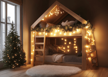 Cozy wooden house-shaped bed with ceiling hanging lights, soft fluffy carpet, natural light brown oak lofted bunk beds decorated with fairy lights, and a large window in a dark room.