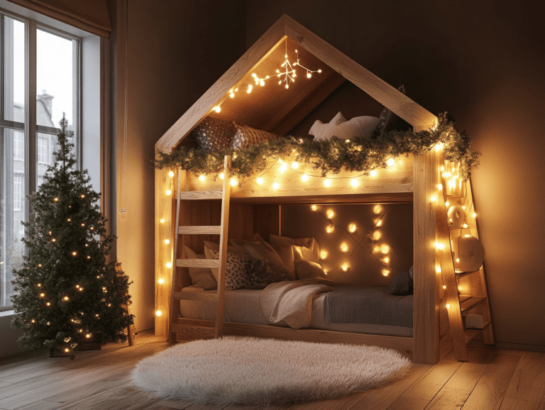 Cozy wooden house-shaped bed with ceiling hanging lights, soft fluffy carpet, natural light brown oak lofted bunk beds decorated with fairy lights, and a large window in a dark room.