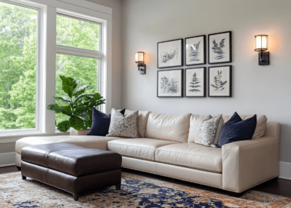 Sleek cream-colored leather sofa with navy blue accents in an upscale living room, surrounded by plush pillows and a dark brown ottoman, under soft lighting from wall sconces, framed art on the walls, and a cozy vintage area rug, creating a warm family space with children playing nearby.