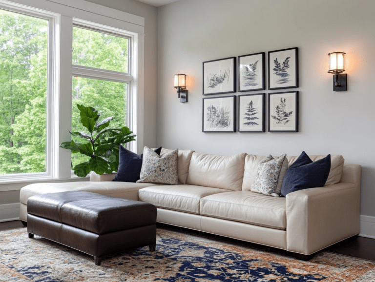 Sleek cream-colored leather sofa with navy blue accents in an upscale living room, surrounded by plush pillows and a dark brown ottoman, under soft lighting from wall sconces, framed art on the walls, and a cozy vintage area rug, creating a warm family space with children playing nearby.