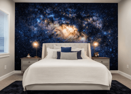 Photorealistic image of a bedroom featuring a dark blue galaxy mural on the wall, a white headboard, and nightstands on each side of the bed. A black rug lays in front of the bed, and the white walls enhance the vibrant decor. A small window in the top left corner lets in natural light, while a small lamp rests near the edge of the photo. The wide-angle perspective showcases the serene and stylish bedroom design.