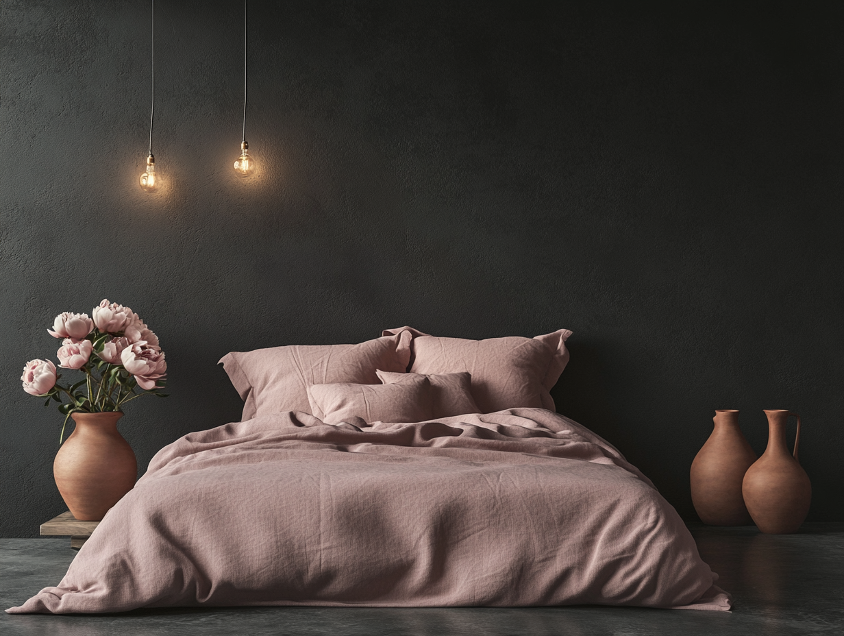 Dark minimalistic bedroom with clay-colored walls, vintage pink linen bed set featuring peonies, warm overhead lighting, and dark concrete flooring, captured with a Canon R6 Mark II at f/2.8.