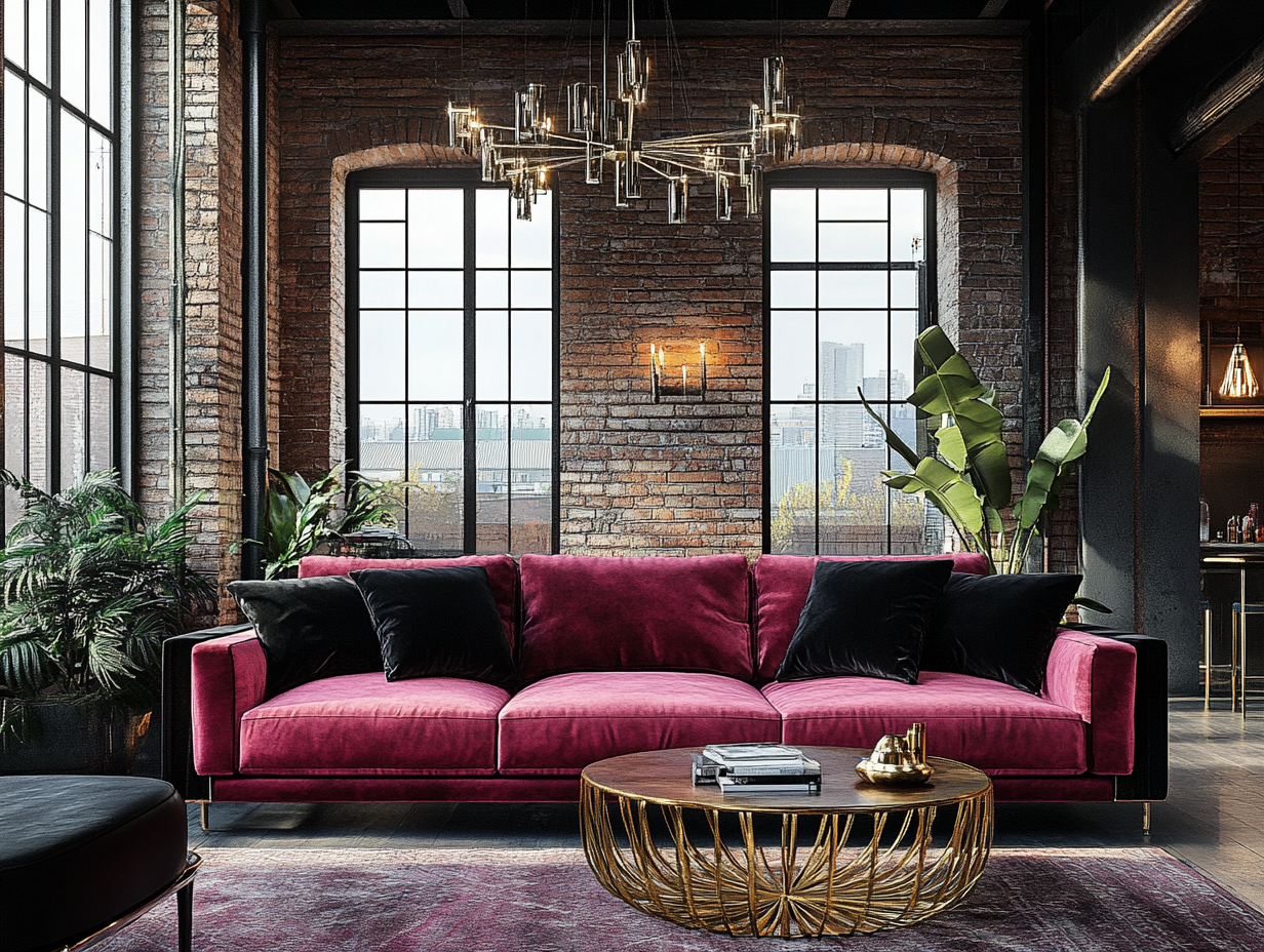 "Dark pink velvet sofa in an industrial-style living room featuring black furniture and exposed brick walls, with large windows for natural light, a modern coffee table with gold legs, stylish decor, and soft lighting from a ceiling chandelier."